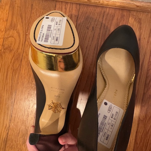 $1,100 Charlotte Olympia Dolly Black Leather pumps gold stilettos heels revolve - Picture 9 of 9
